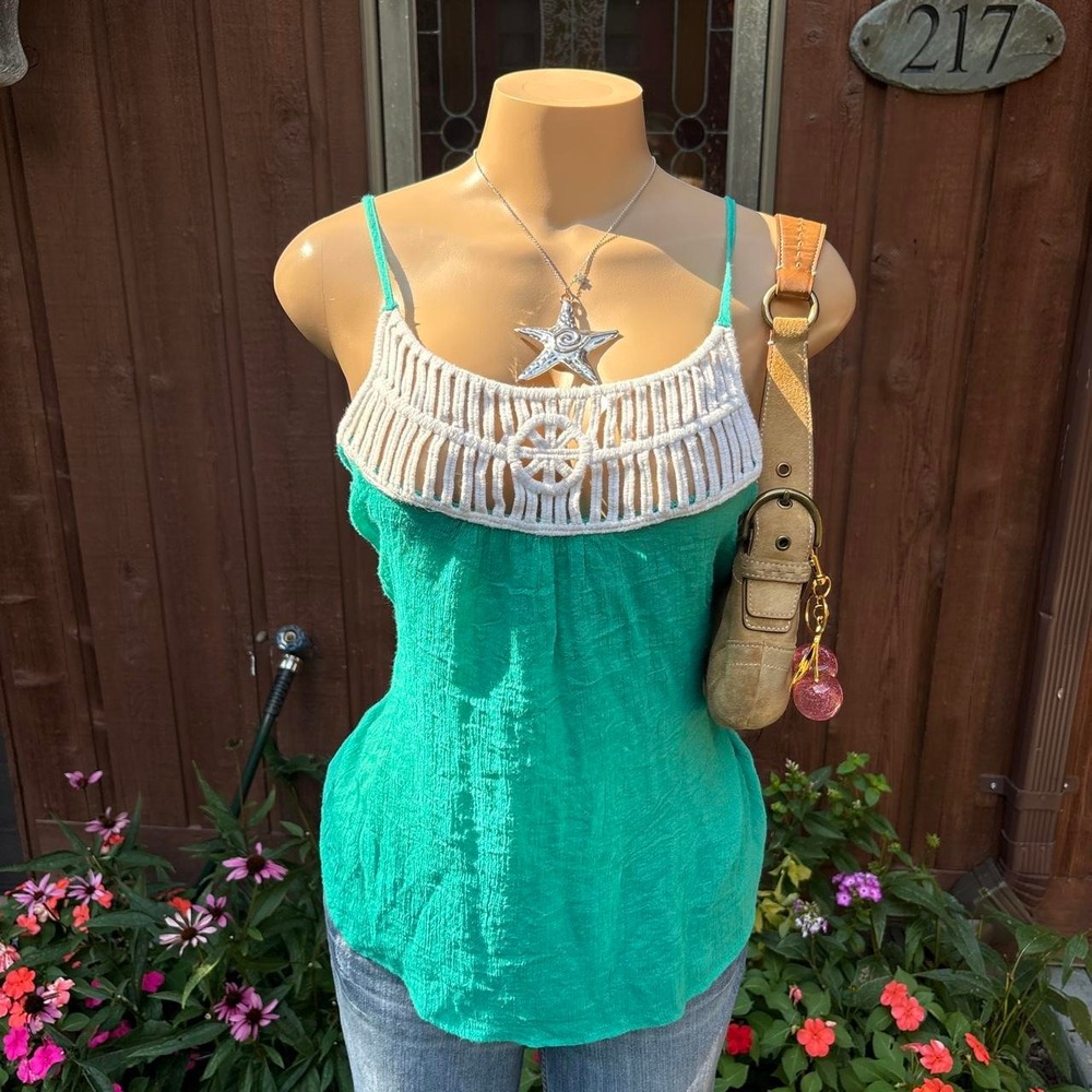 y2k 2000s turquoise crochet neckline boho cami top